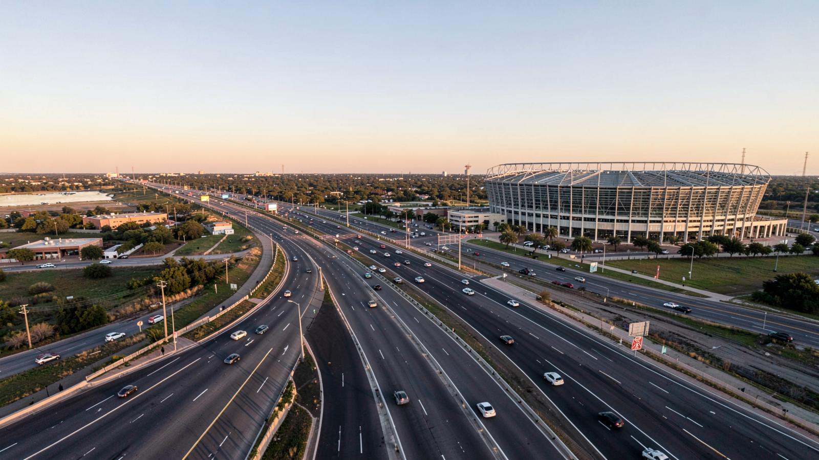 A wide Texas freeway beside a large stadium on a completely flat horizon