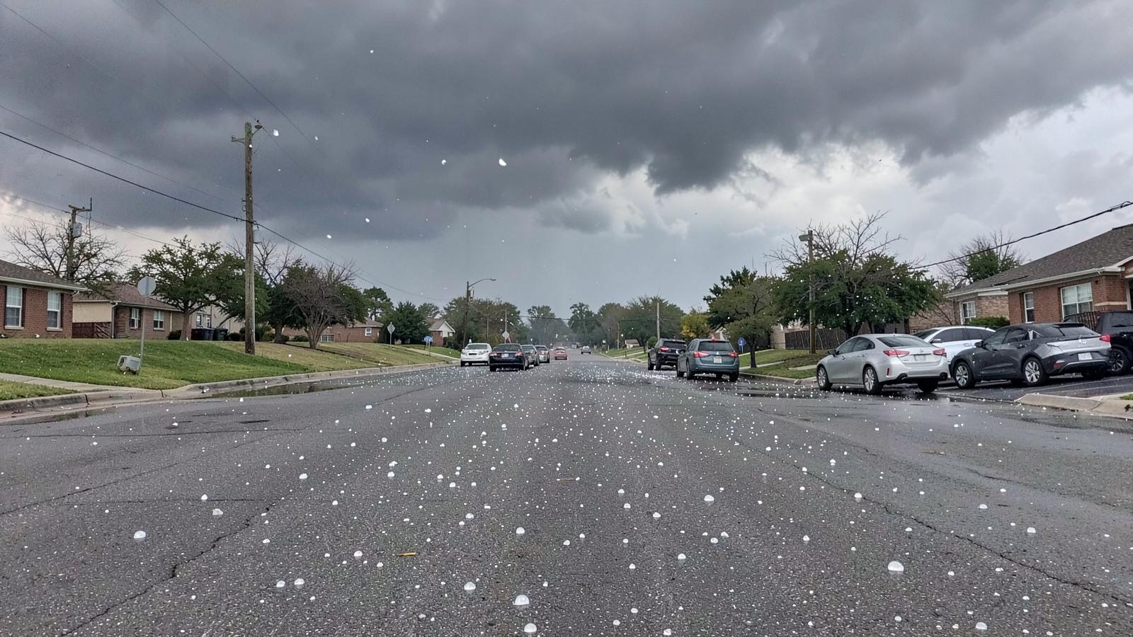 Hail covering the streets of downtown Dallas-Fort Worth after a DFW metroplex hail storm