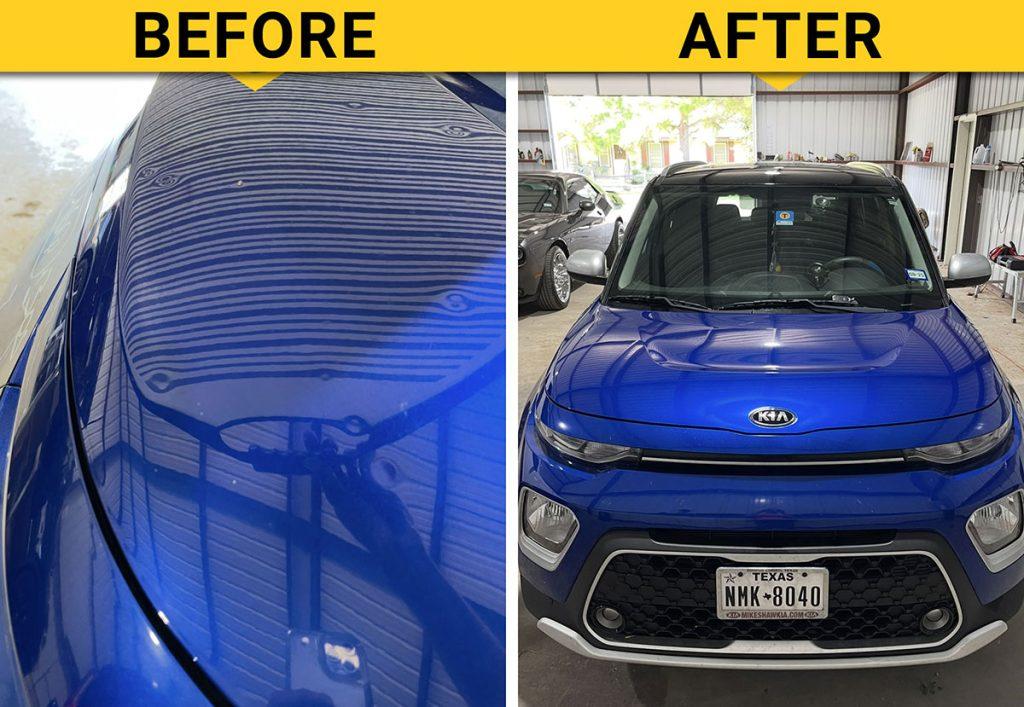 Before and after paintless dent repair on a hail-damaged blue hood