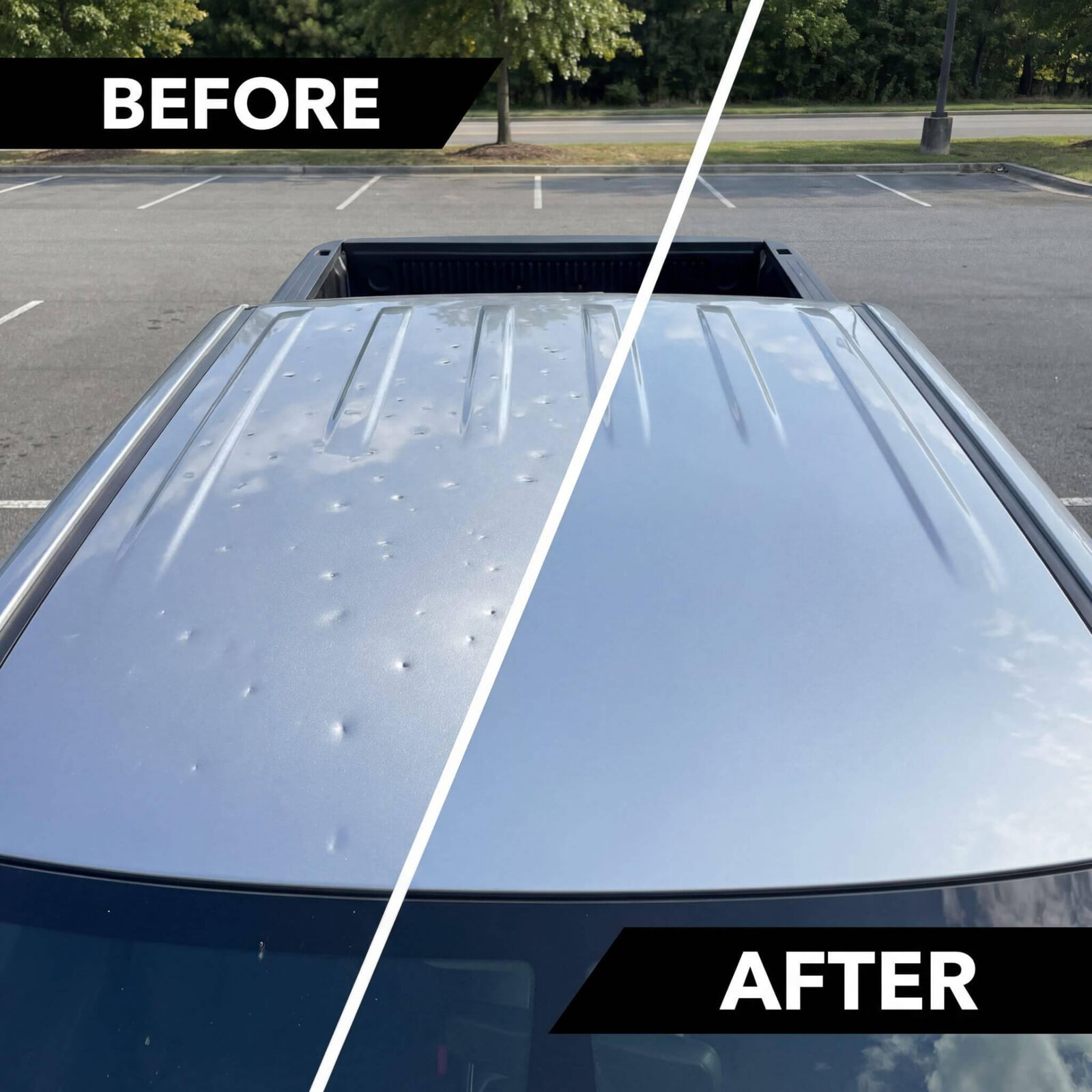Hail dents across a silver hood read under a reflection board