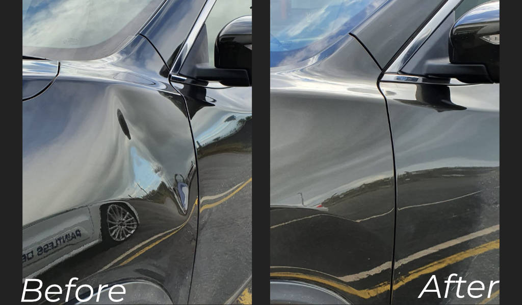 Crease following the body line of a black vehicle under PDR lighting