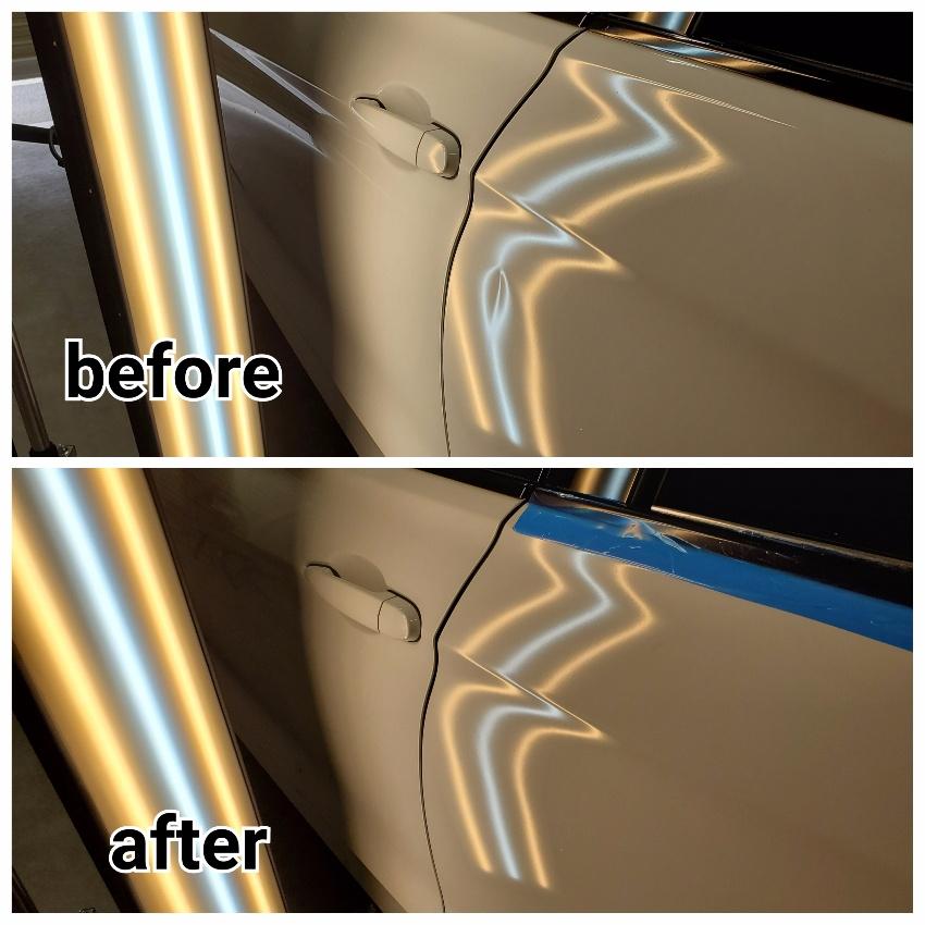 Plano small dent repair on a cream door panel, before and after