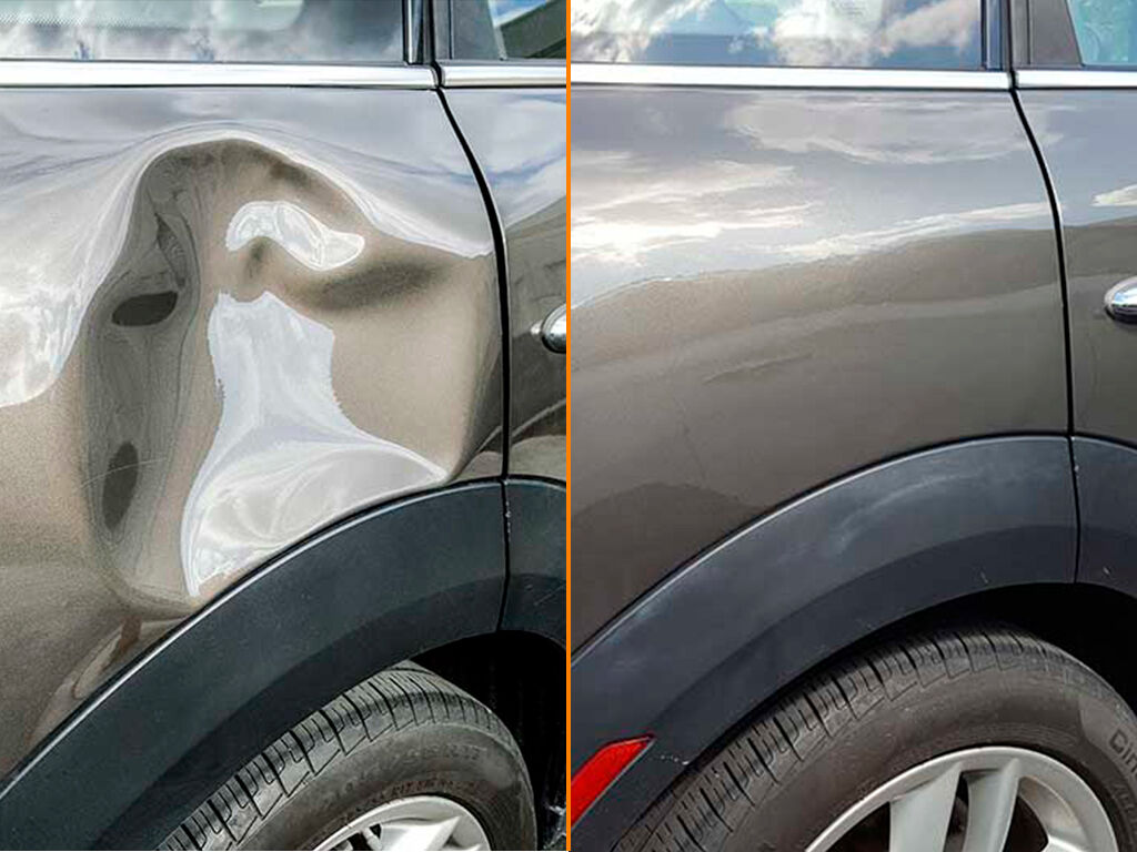 PDR for a large dent on the grey quarter panel of a car before and after repair in Dallas-Fort Worth