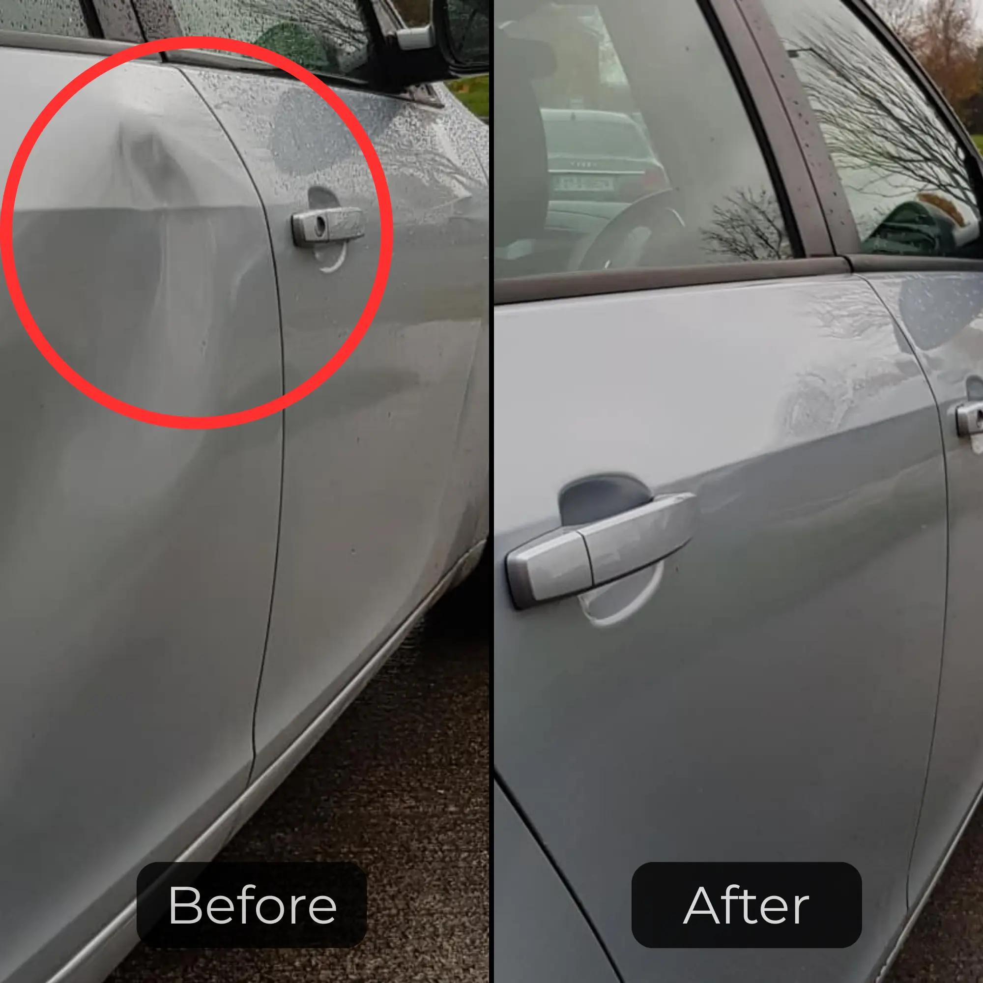 Parking-lot door ding below the handle on a grey vehicle door