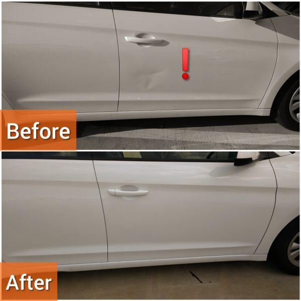 White trunk lid checked under a reflection board after repair