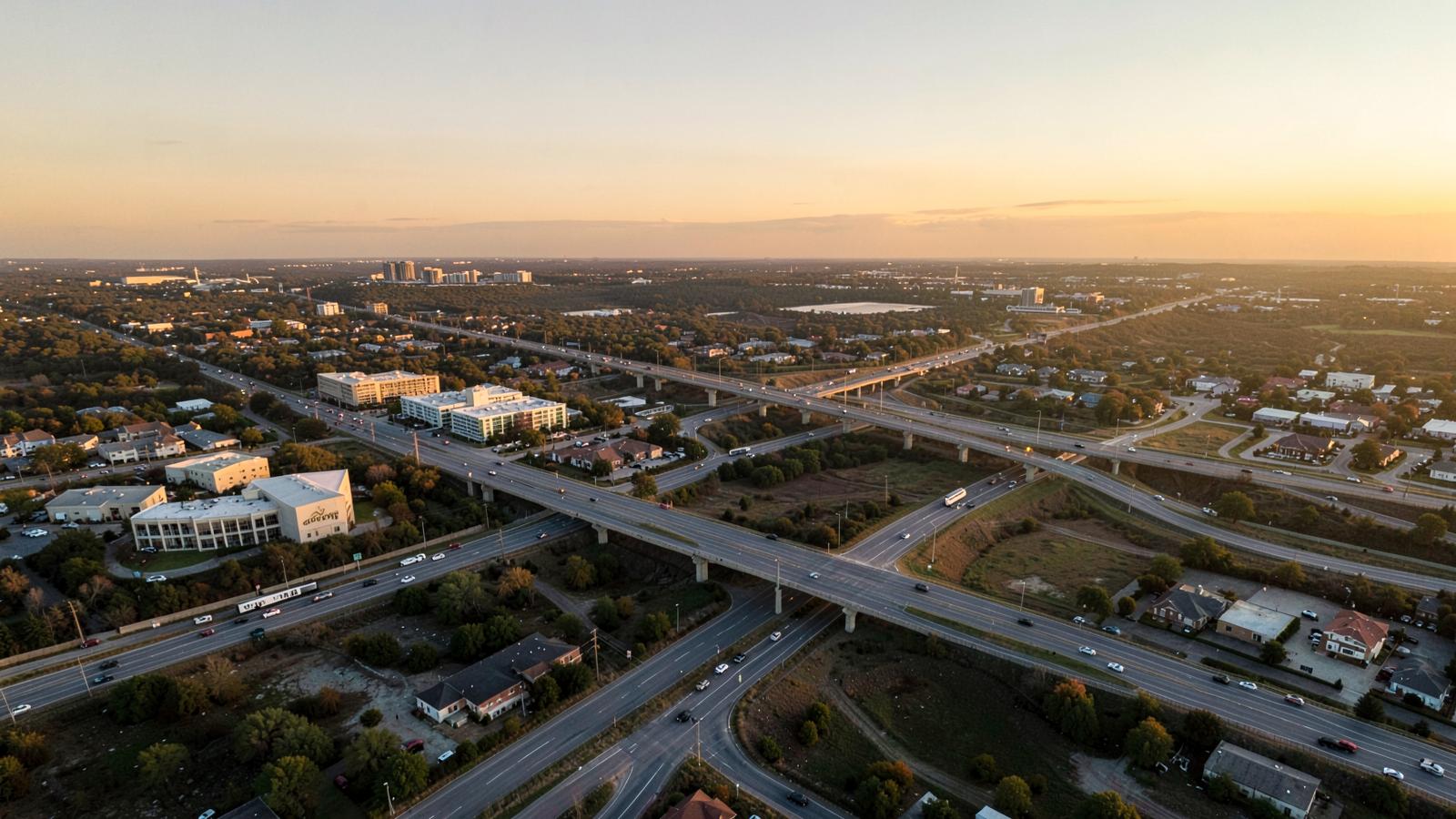 Aerial view over the DFW metro looking west toward the Texas foothills and Metroplex