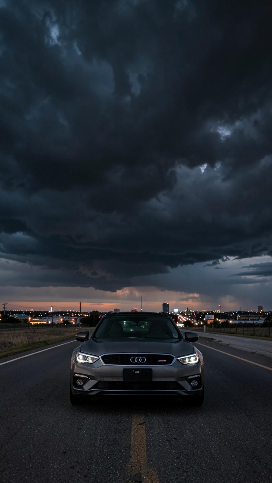 Car driving a Texas highway with the snow capped DFW metroplex behind it