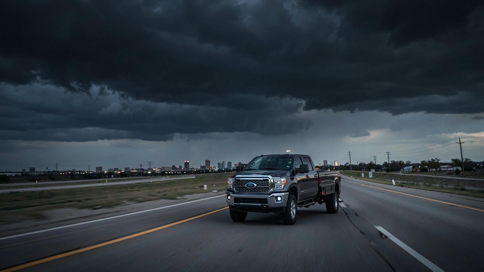 A vehicle on a wide North Texas highway under a dark storm sky